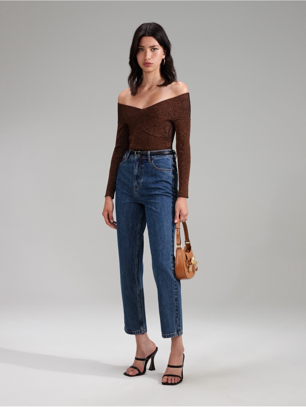 Self-Portrait Brown Lurex Knit Off Shoulder Top Size Large